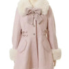Winter New Japanese Sweet Bow Slim Medium Long Woolen Coat Faux Fur Collar Lolita Girl Women's Pink White Wool Jacket Overcoat