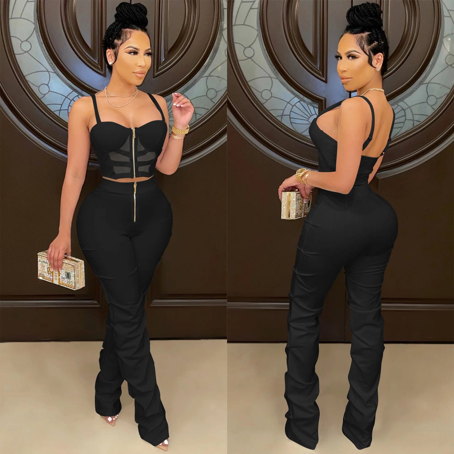 Sexy Solid Color Women's 2-Piece Slim Fit Open Back Zipper Tank Top+High Waist Trouser Set Amazing Bust Wrapping Street Clothing