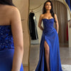 Cathy Blue Beaded Low Neck Pleated Prom Dress Side High Split vestidos de noiva Customized Mermaid Floor-length Formal Evening