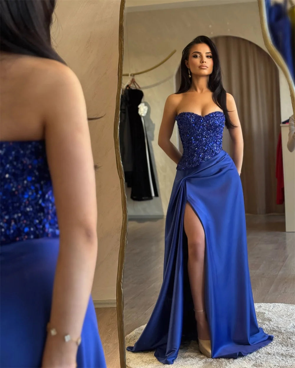 Cathy Blue Beaded Low Neck Pleated Prom Dress Side High Split vestidos de noiva Customized Mermaid Floor-length Formal Evening