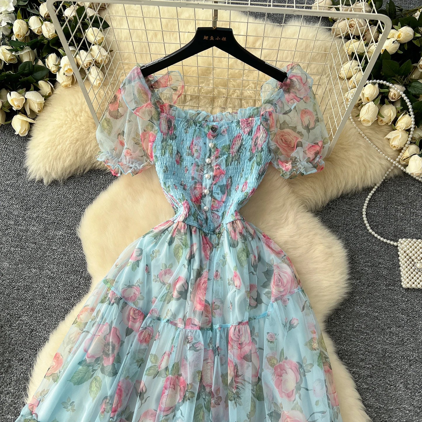 Elegant Slash Neck Vintage Short Puff Sleeve Chic Print Slim Chiffon Dresses French High Street Evening Autumn Mesh Clothing