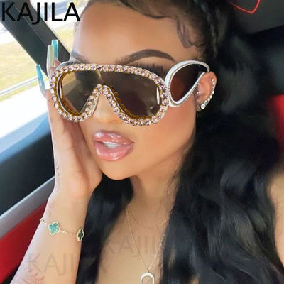 Oversized Punk Rhinestones Sunglasses Women 2024 Luxury Brand One-Piece Y2K Sports Sun Glasses for Lady Steampunk Eyewear UV400