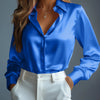 Women's Satin Shirts Elegant Plain Long Sleeve Blouse Office Lady Button-Up Shirt Top Female Crew Neck Shirts Blouse 2025 Autumn