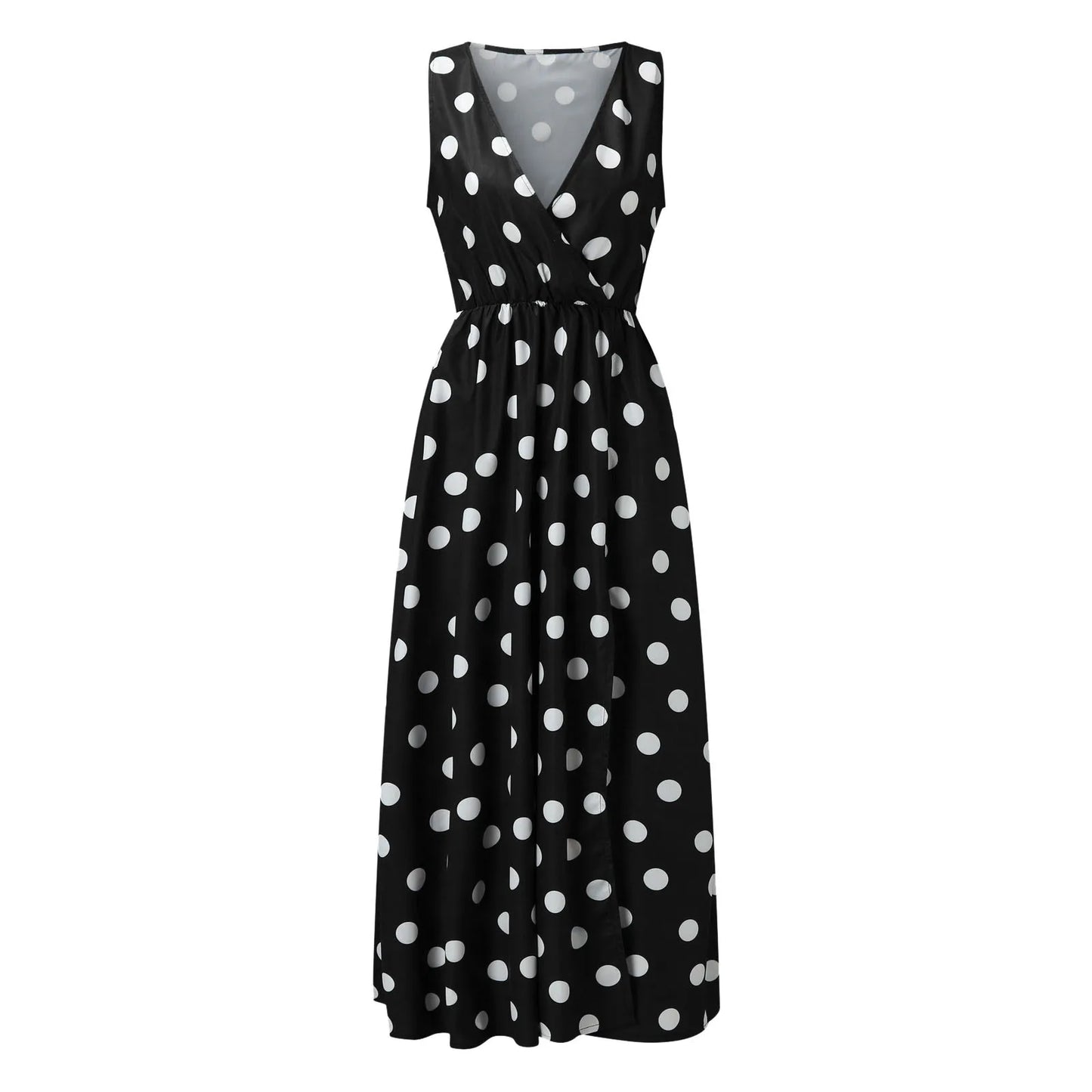 Elastic Waist V Neck Long Dress Sleeveless Print Side Slit Evening Party Dress Ladies Round Dot Printing Casual Sweet dress