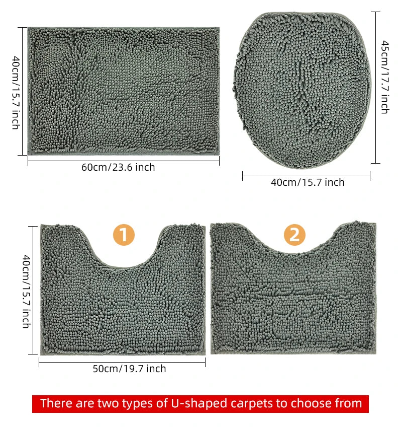 3-piece bathroom chenille floor mat, absorbent anti slip bathroom carpet, bathroom U-shaped foot mat, toilet lid, TPR anti slip