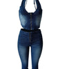 HLJ&GG Blue Fashion Denim Halter Two Piece Sets Women Sleeveless Backless Slim Crop Top And Skinny Jean Pants Outfits Streetwear