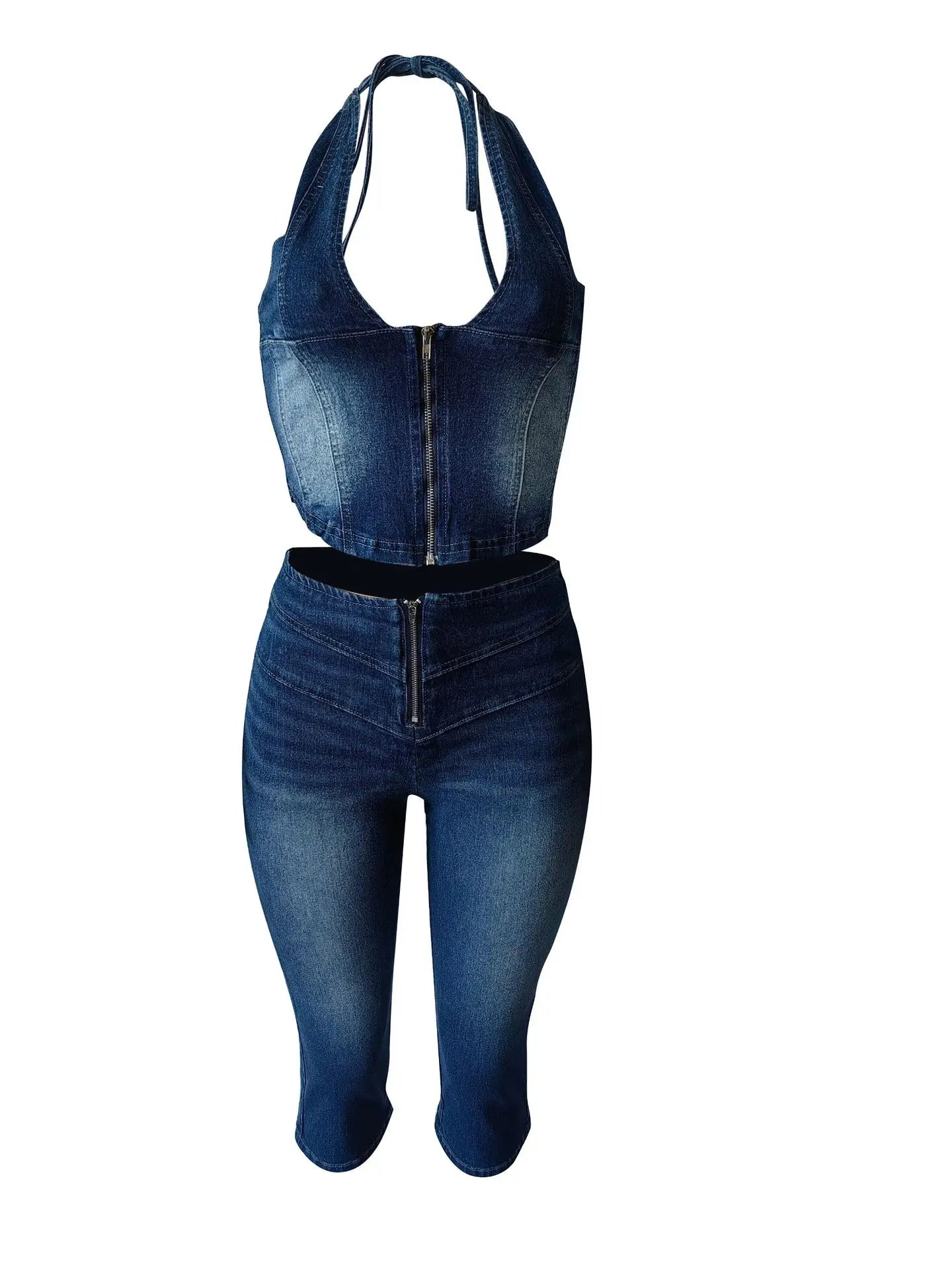 HLJ&GG Blue Fashion Denim Halter Two Piece Sets Women Sleeveless Backless Slim Crop Top And Skinny Jean Pants Outfits Streetwear