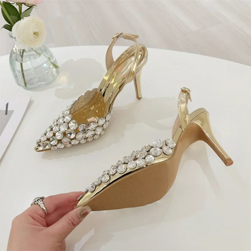 Eilyken Sexy Pointed Toe Women Pumps Elegant Crystal PVC Transparent Thin High Heels Slingback Party Prom Female Shoes