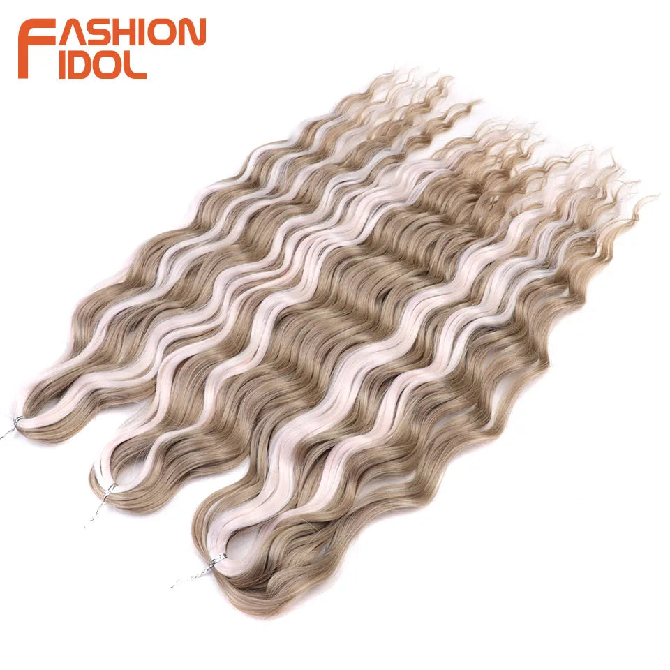 FASHION IDOL 24 Inch Synthetic Hair Water Wave Braiding Hair Extensions Ombre Rainbow color Deep Wave Curl Twist Crochet Hair
