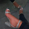 Shiny Gold Rhinestones Chunky Heels Sandals Women Sexy Cross Ankle Strap Silver High Heels Summer Party Dress Shoes Ladies Pumps