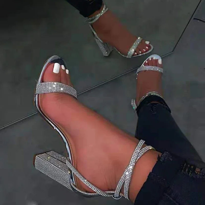 Shiny Gold Rhinestones Chunky Heels Sandals Women Sexy Cross Ankle Strap Silver High Heels Summer Party Dress Shoes Ladies Pumps