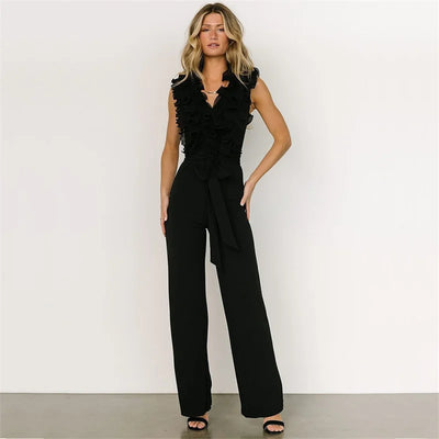 New 2025 Summer Women V Neck Sleeveless Elegant Straight Jumpsuits Edible Tree Fungus Sexy Birthday Party Jumpsuit Rompers Black