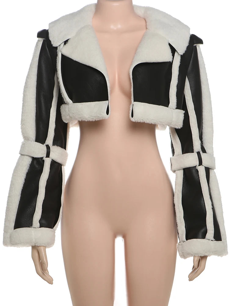 Weird Puss Furry Patchwork Women Crop Jacket Hipster Full Sleeve Open Stitch Hipster Streetwear Warm Outwear Basic Wild Coat