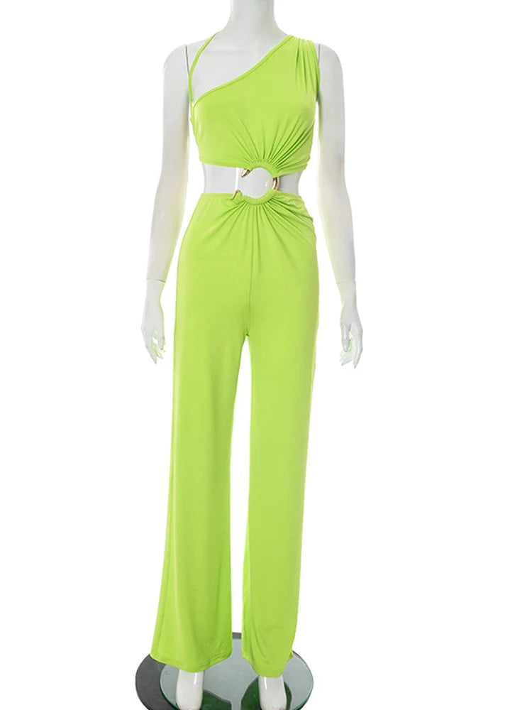 Beyprern Women's Open Back Cutout Jumpsuits With Snake Tirm Sexy Rompers Summer Lace-Back Bandage Wide Legs Jumpsuits Overalls