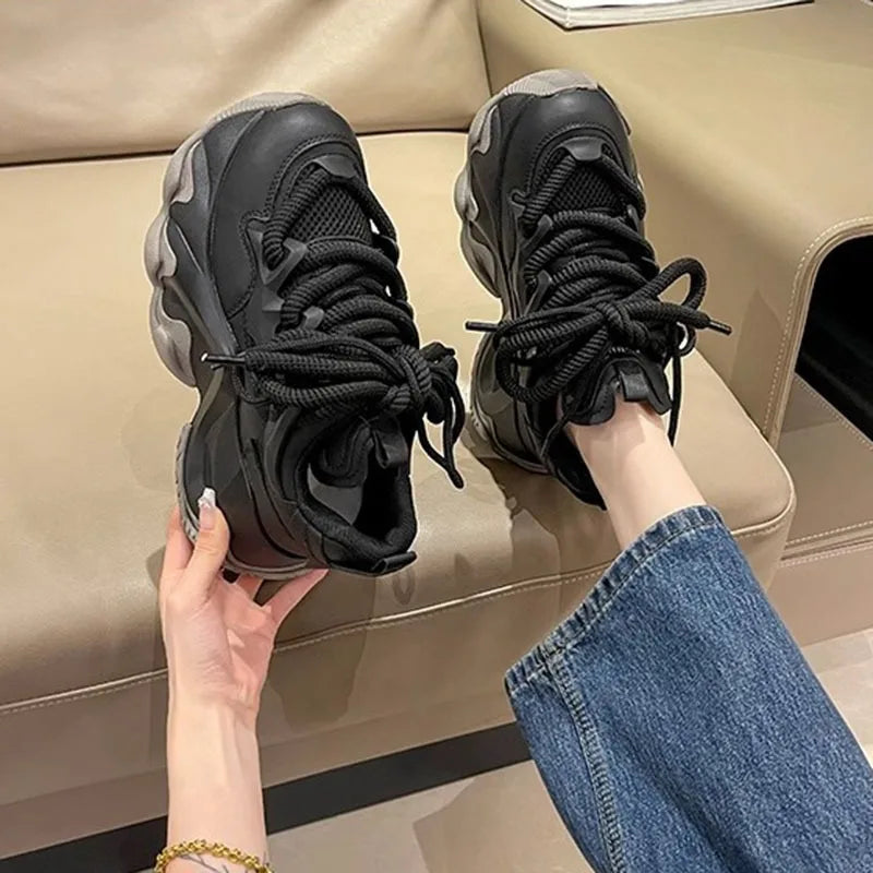 Black Platform Women's Sneakers 2024 Spring Lace-Up Thick Bottom Vulcanize Shoes Woman Pu Leather Breathable Sports Shoes Ladies