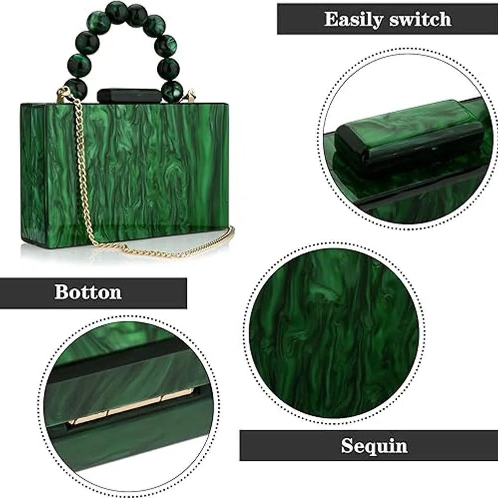 Luxury Crossbody Bag Pearl Marble Dark Green Acrylic PVC Evening Bags Women Purses And Handbags Wedding Party Beach Flap