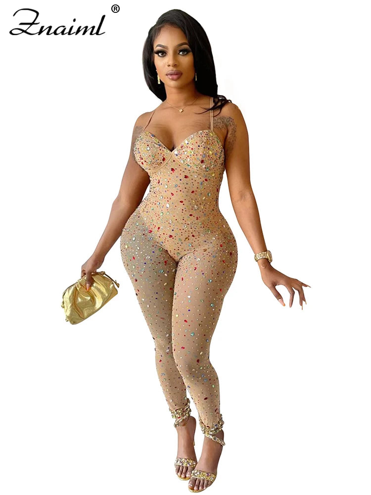 Znaiml Luxury Birthday Night Club Party One Piece Rompers and Jumpsuits for Women Sexy Mesh Sheer Colourful Diamonds Overalls