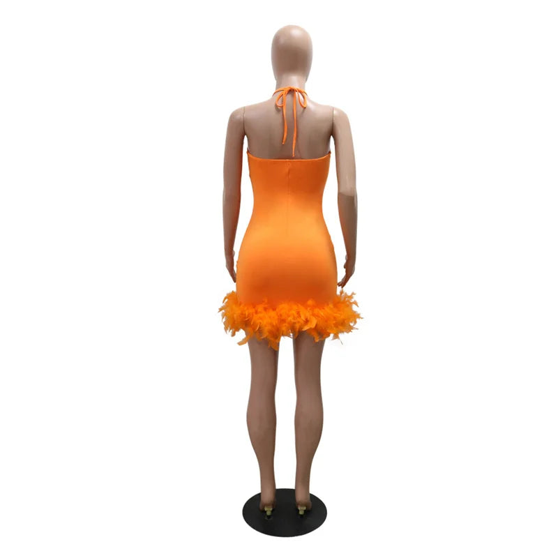 Bodycon Women Backless Lace Up Halter See Through Sequins Mesh Patchwork Sexy Party Dress Feather Hem Fashion Night Club Dress