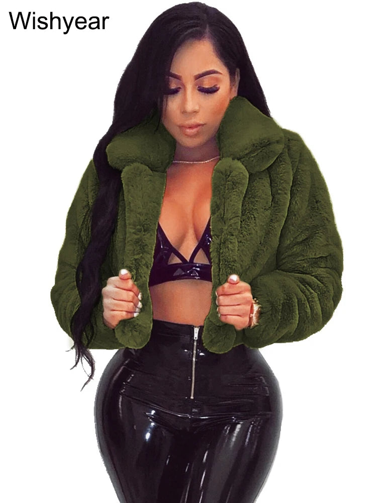 Fashion Faux Fur Open Stitch Lapel Crop Jackets Women Clothing Autumn Winter Solid Long Sleeve Warm Furry Fluffy Coat Outer Wear