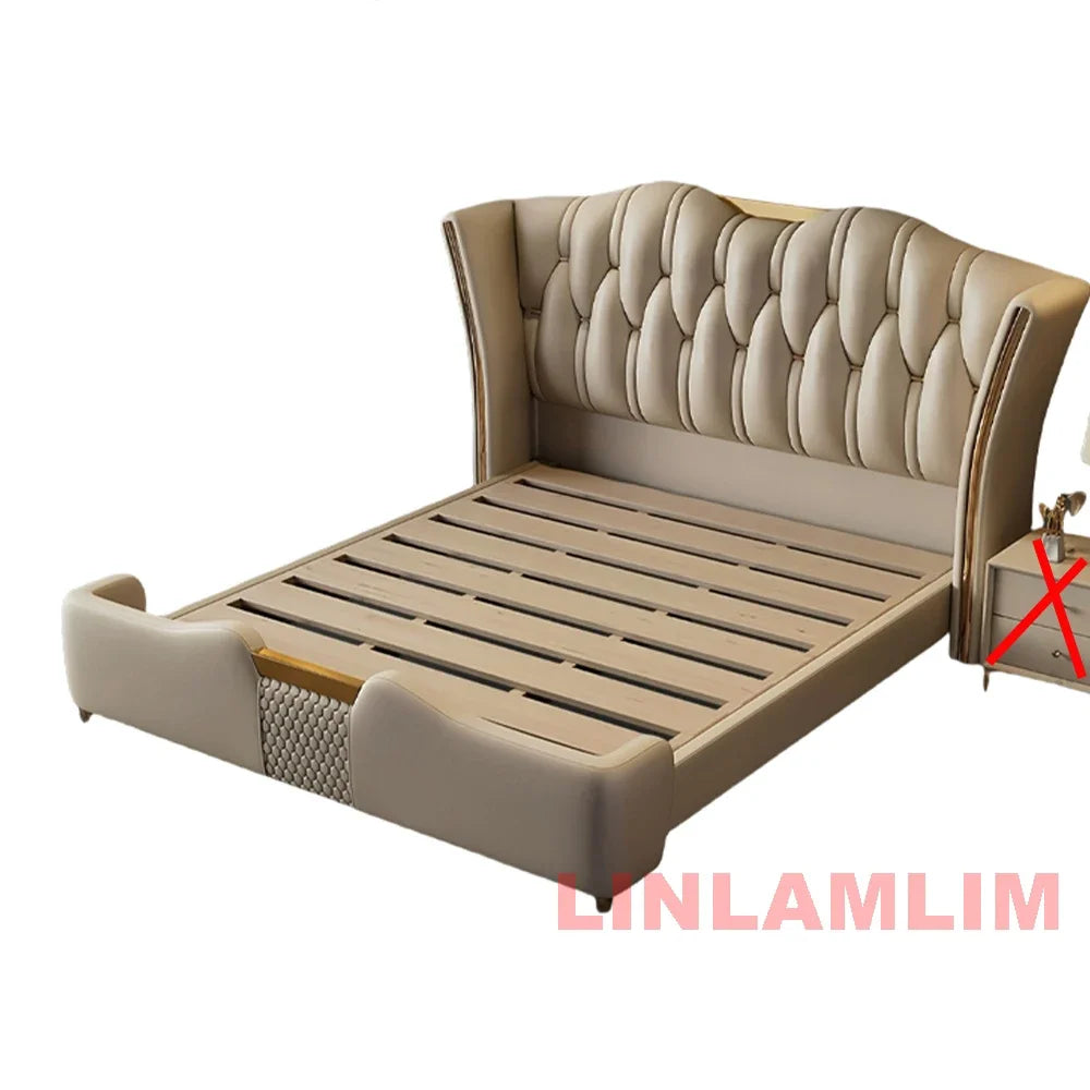 MINGDIBAO Luxury Modern Upholstered Bed Frame with Gold Accents, Genuine Leather Designer Bed, Queen/King Size Bedroom Furniture