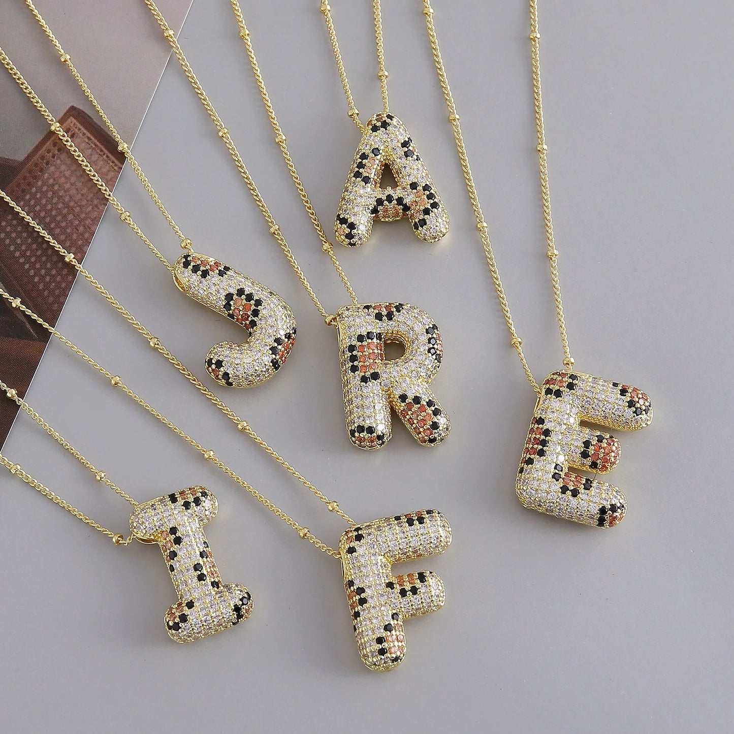 MHS.SUN New Leopard Bubble Letter Necklace Gold Plated Chunky Bubble Zircon 26 Initial Pendant Necklace Women Fashion Jewelry