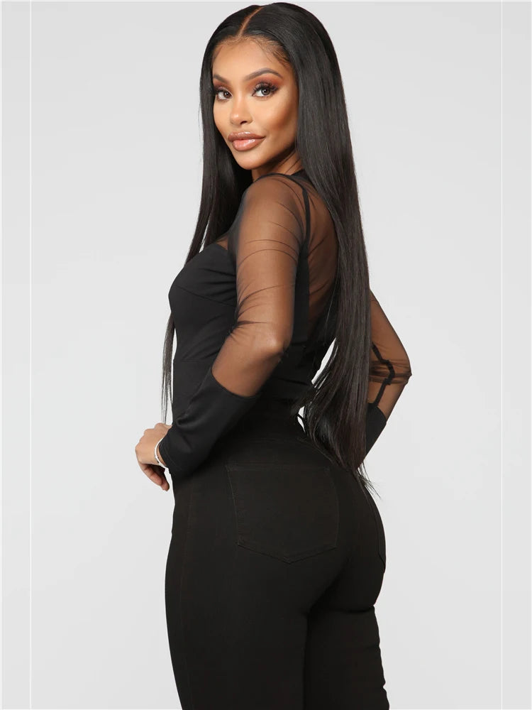 HBLL Sexy Nightclub Outfits Long Sleeve Bodycon Jumpsuits Romper for Women Birthday Outfits Womans Clothing Mesh Bodysuit