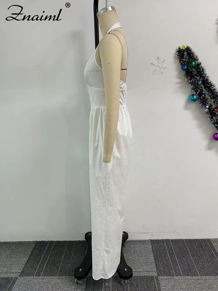 Znaiml Elegant Evening Gowns Biarthday Party One Pieces Wide Leg Pants Outfit for Women White Halter Backless Jumpsuit Rompers