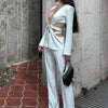 Modphy Red Sexy V-neck Long Sleeve Jacket+High Waist Flare Pants Blazer Set Women'S 2025 New Hollow Out Designer Two-Piece Set