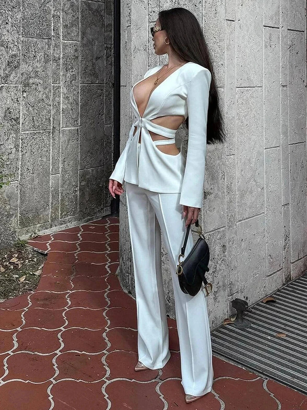 Modphy Red Sexy V-neck Long Sleeve Jacket+High Waist Flare Pants Blazer Set Women'S 2025 New Hollow Out Designer Two-Piece Set