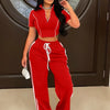 Fashion Casual Short Hoodie 2 Piece Women Summer Zipper Top Short Sleeved Sports T Shirt Stripe Splicing Long Pants Female Suit