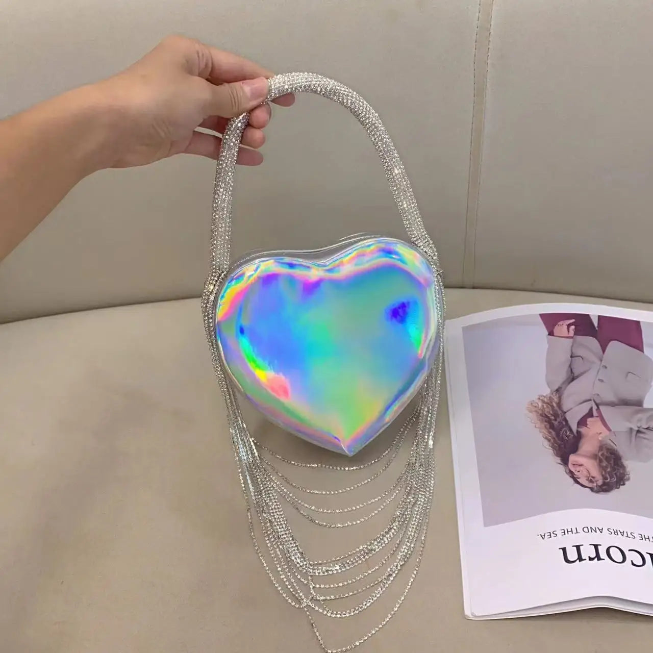 Bling Tassel Heart-shape Satin Bag Glitter Rhinestone Diamond Evening Bag Women Handbag Wedding Party Clutch Purse Crossbody Bag