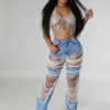 Women's Destroyed Ripped Hole Denim Pants Pearl Rhinestones Chain Distressed Slim Fit Skinny Jeans Y2K Night Club Party Jeans