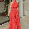Summer women's geometric printed sleeveless pants with elegant temperament cinched waist tie up hanging neck style jumpsuit