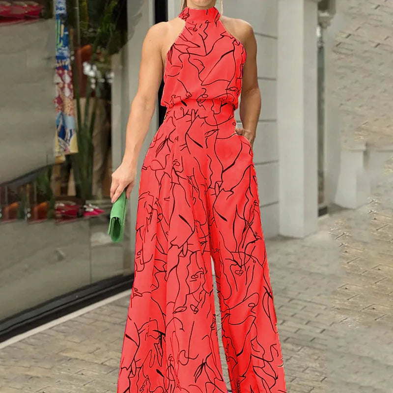 Summer women's geometric printed sleeveless pants with elegant temperament cinched waist tie up hanging neck style jumpsuit