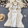 Summer V Neck Knit Sexy Strap Dress Women Elatic Waist Bodycon Sundress Female Beach Backless Maxi Long Dress