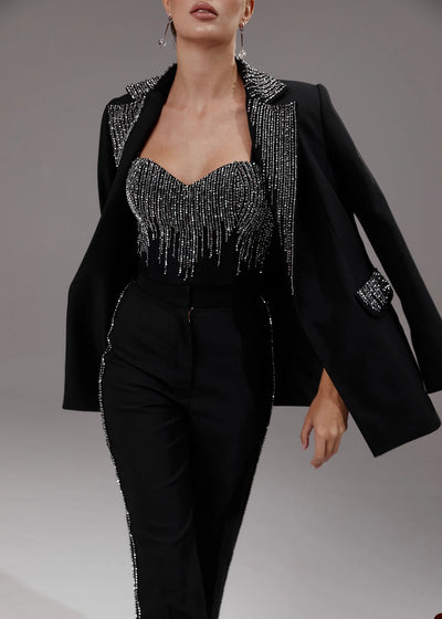 Customize Black Sequins Women Pants Suits Slim Fit Girls Blazer Set 3 Pieces Custom Made Jacket For Lady Party Prom Wedding Wear