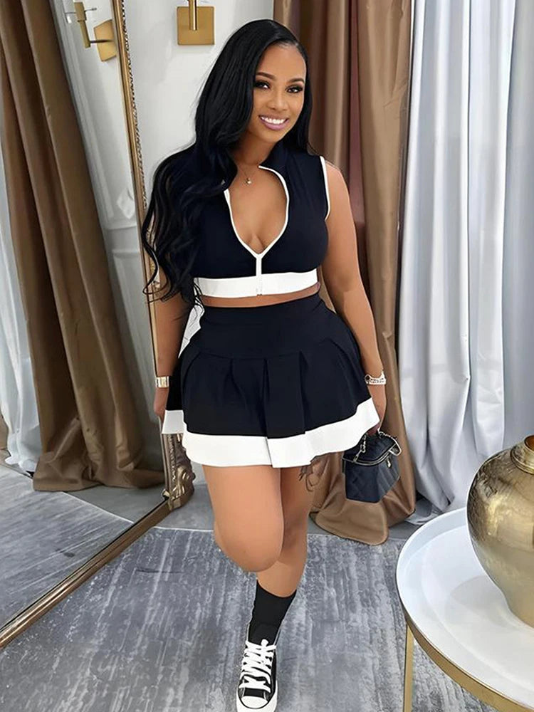 Beyprern Cute Girls Zipper Front Crop Top And Ruffles Skirt Set Summer Tracksuits Set Two Piece Dress Sporty Tennis Active Set