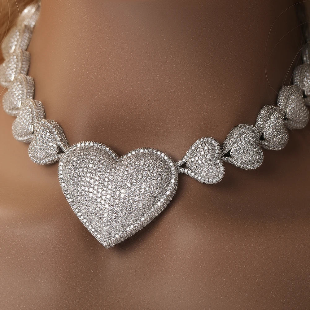 THE BLING KING Iced Out Big Heart Chain Collar Y2K 17mm Choker For Women Girl Micro Paved 5A Cubic Zircon Lovely Wedding Jewelry
