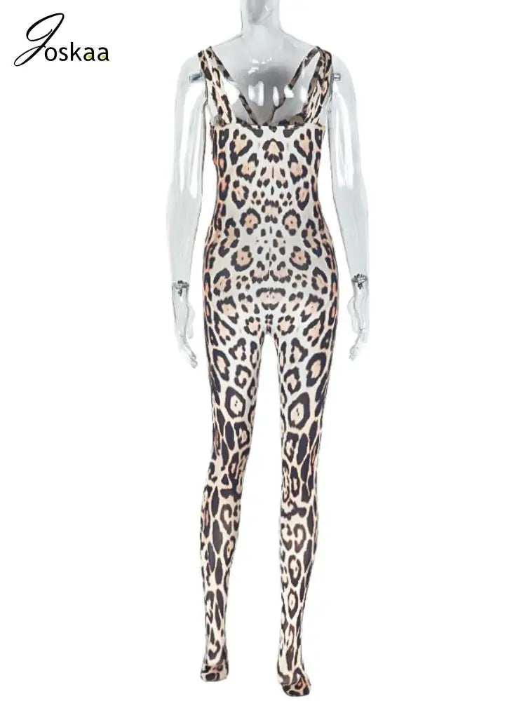 Joskaa Leopard Print Jumpsuits Women Hipster Sexy Spaghetti Strap Sleeveless Body-Shaping Rompers 2025 Party Clubwear Streetwear