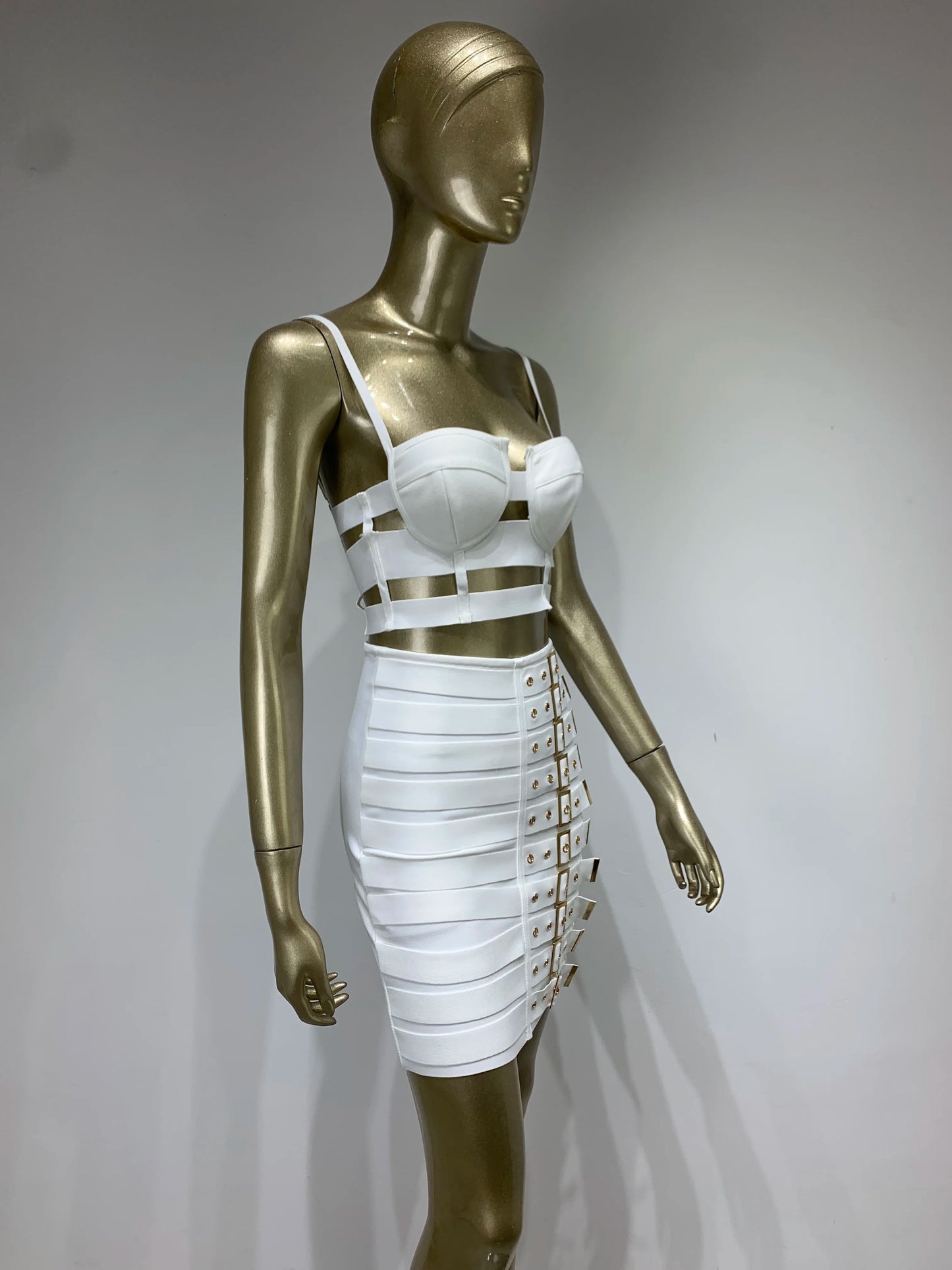 Women Celebrity Sexy Cut Out Mental Black White Mini Bodycon Bandage Skirt Set 2023 Elegant Evening Birthday Club Party Outfits