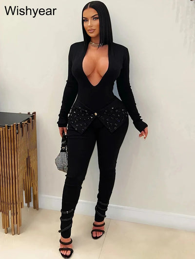 New Full Sleeve V-neck Skinny Pencil Pants Women Jumpsuits Rhinestone Birthday Rompers One Piece Night Club Evening Outfits 2025