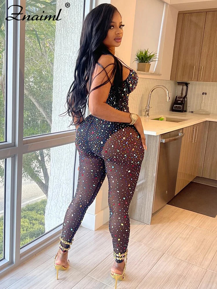 Znaiml Luxury Birthday Night Club Party One Piece Rompers and Jumpsuits for Women Sexy Mesh Sheer Colourful Diamonds Overalls