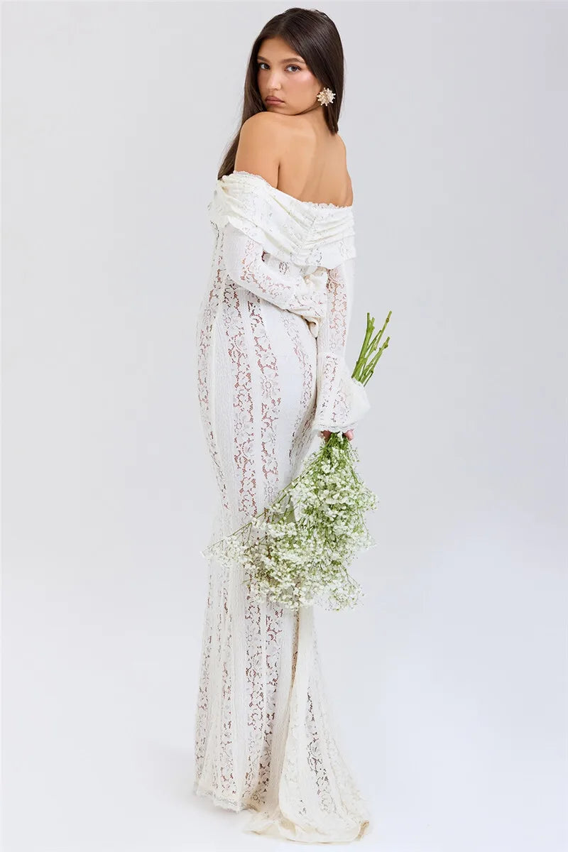 Mozision Floral Lace Off-shoulder Maxi Dress For Women White Strapless Backless Long Sleeve Bodycon Club Party Sexy Long Dress