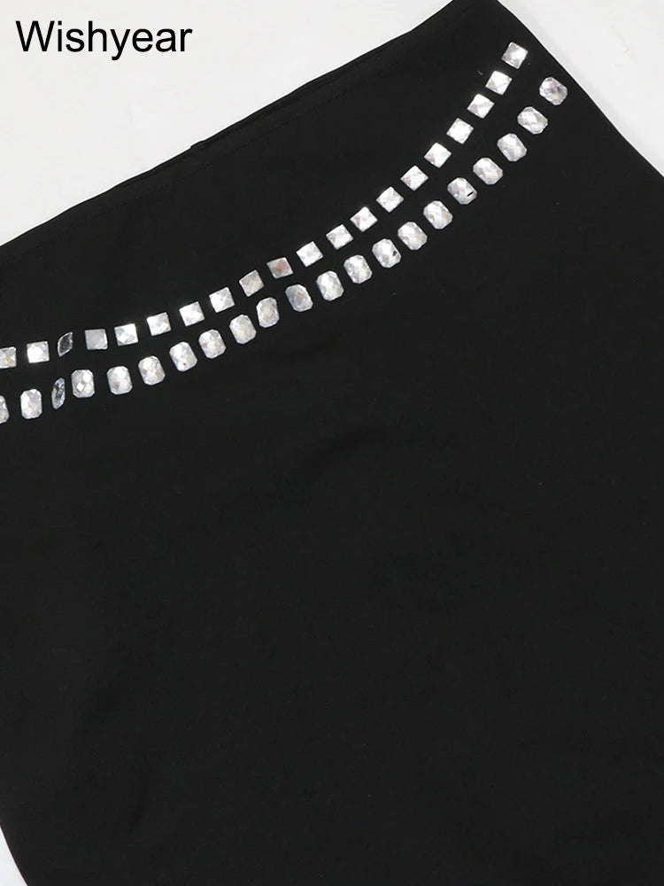 Luxury Celebrities Evening Club Outfit for Women Sexy Black Single Shoulder Diamonds Long Skirts and Crop Tops Two 2 Pieces Suit