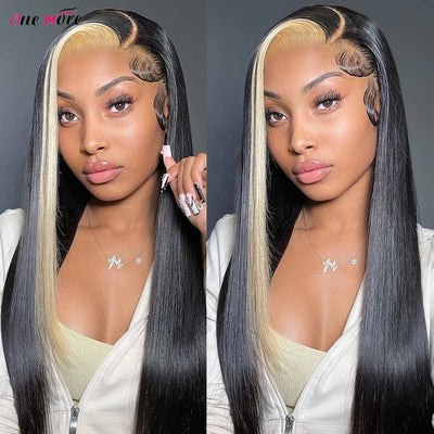Skunk Stripe Human Hair Wig 1B/613 Highlight Blonde Straight Lace Front Wig 13x4 Colored Lace Front Human Hair Wigs 250 Density