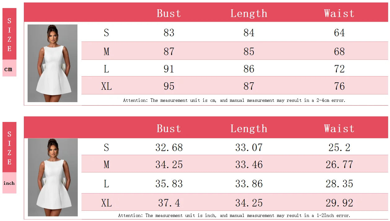 Elegant Pearl Bow Backless Short Dress Women's Sleeveless Party Cute Mini Dresses Black White Pink Chic Birthday Evening Y2K New