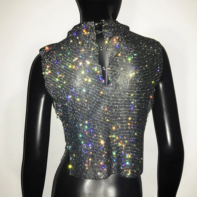 Sexy Rhinestone Backless Party Crop Top Women Glitter Turtleneck TShirt Adjustable Metal Chain Summer Nightculb Diamond Tank Top