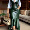 Womens Dresses New V Neck Zipper Sleeveless PU Leather Pocket Skinny Belted Female Maxi Fishtail Dress Does Not Include Shirt