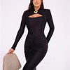 Mozision Hollow Out Long Sleeve Sexy Maxi Dress For Women Gown Autumn Winter New Metal Buckle Ruched Slit Long Dress Elegant