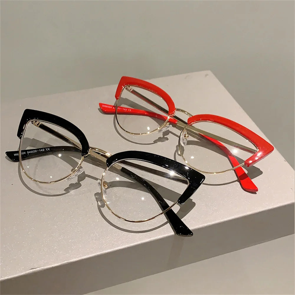2023 New Vintage Cat Eye Glasses Frame New Stylish Semi Metal Rim Women Eyewear Trendy Brand Design Non-prescription Eyeglasses